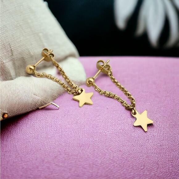 NEW 18K yellow gold plated star stud drop chain earrings jewelry B26A - Picture 2 of 5